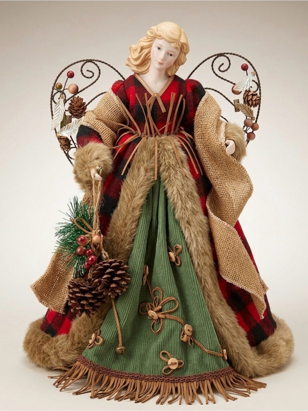 Holiday Angel Figurine in Red, Green and Burlap - Decorative Tree Topper